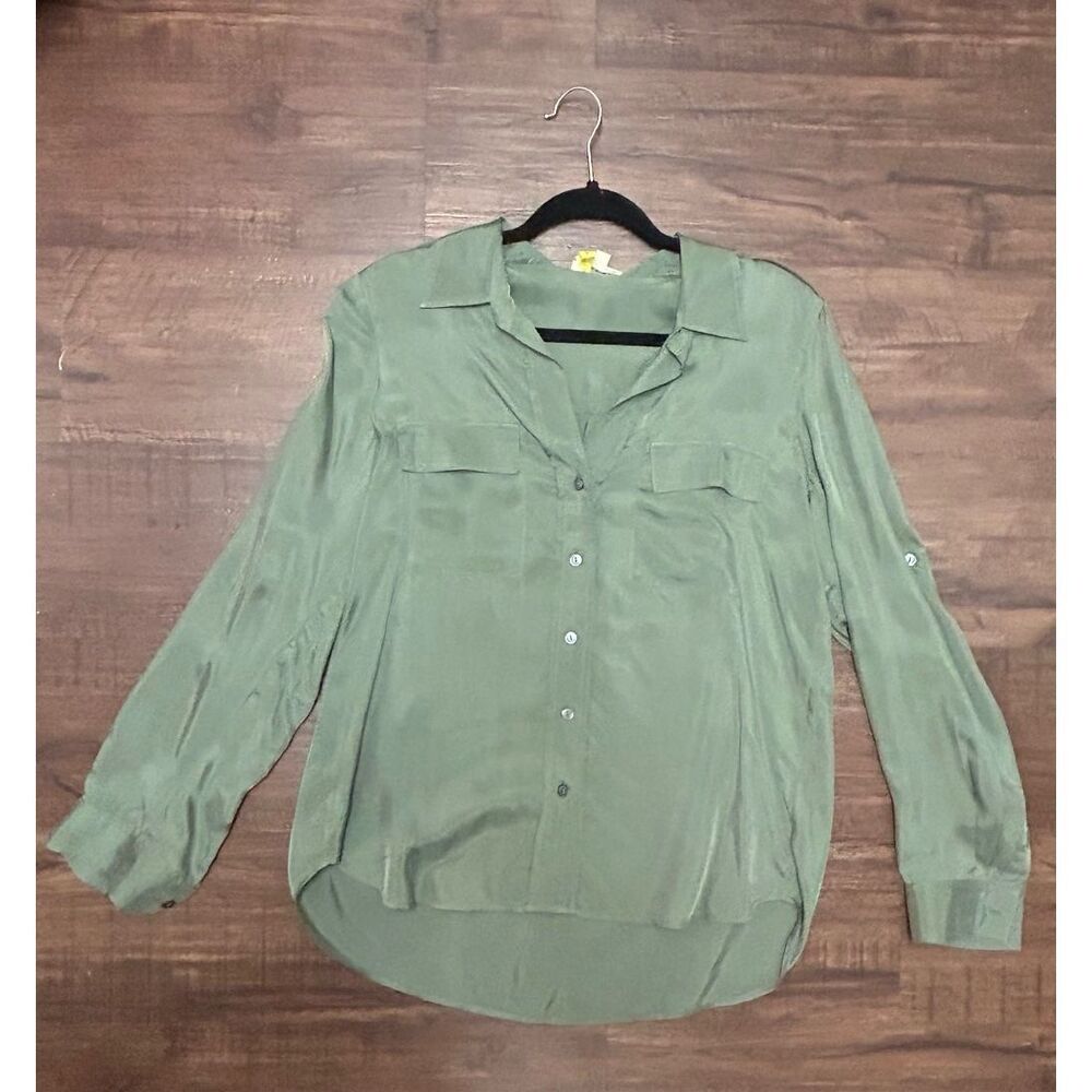 L'AGENCE Olive Green Button-Front Silk Blouse